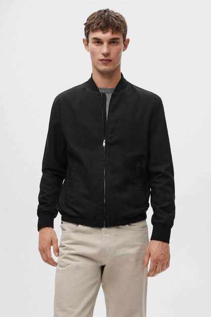 Black zip-up bomber jacket with stand collar and full front zipper.