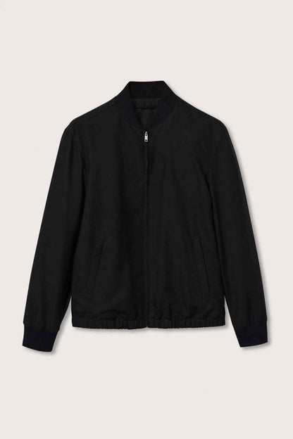 Black bomber jacket featuring full front zipper and stand collar.