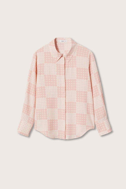 Light pink patterned button-up shirt, front view, long sleeves