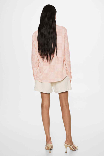 Light pink patterned button-up shirt, long sleeves, rear view