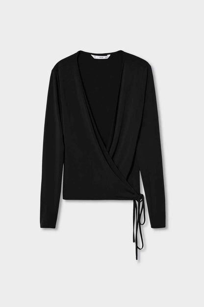 Black long-sleeve wrap top with V-front and adjustable tie waist