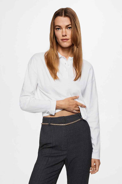 MANGO off-white button-up blouse with collared neckline and long sleeves