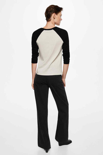 Ecru raglan baseball T-shirt with black sleeves, crew neck, back view