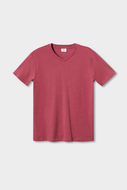 MANGO cherry V-neck T-shirt laid flat, short sleeves