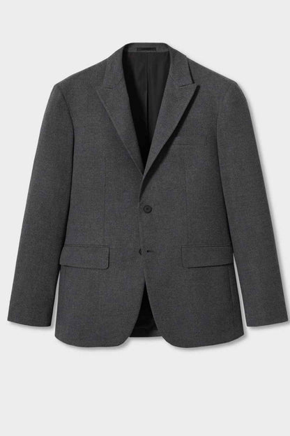 Grey suit jacket, front flat lay with two flap pockets and notch lapel