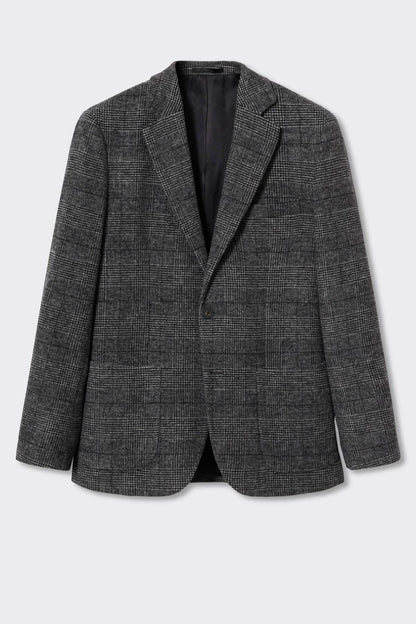 Grey textured single-breasted blazer, front view