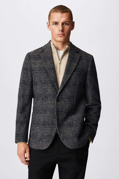 MANGO grey textured slim-fit blazer with notch lapels and button front