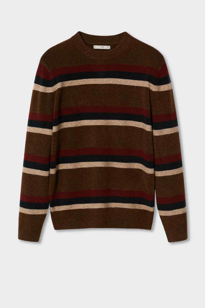 Brown crew-neck striped knit pullover sweater with long sleeves