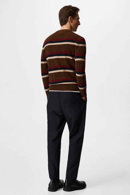 Brown striped knit sweater with crew neck and long sleeves, rear view