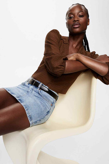 Brown button-front cropped top with puff sleeves and V-neck