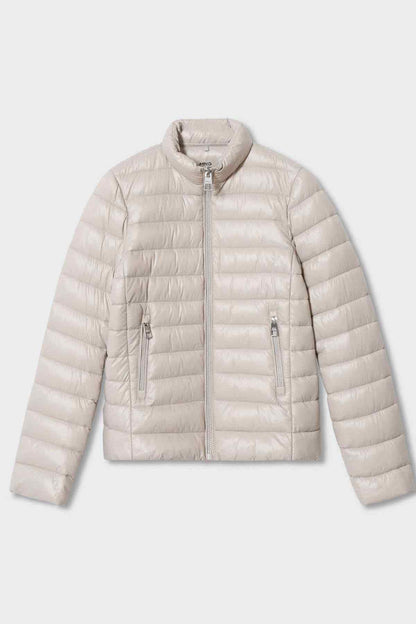 Light pastel grey puffer jacket, flat lay, front full zipper and quilting