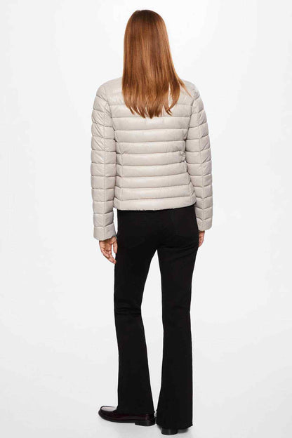 Light pastel grey quilted puffer jacket, back view, full zip, long sleeves