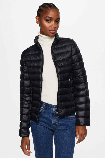 Black quilted puffer jacket with stand collar, front zip, long sleeves
