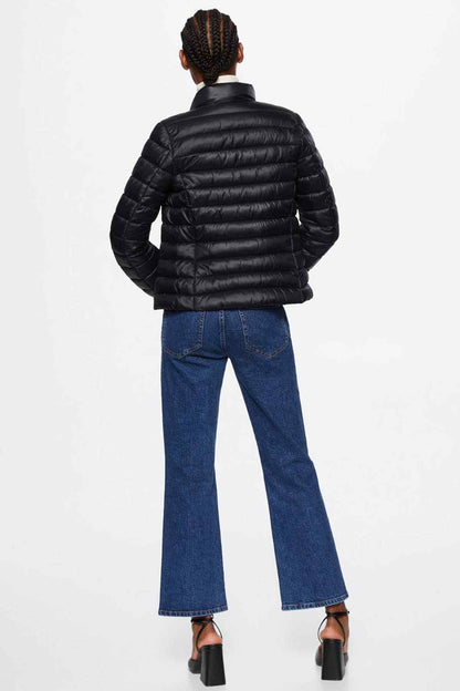 Black puffer jacket with stand collar, quilted panels, long sleeves
