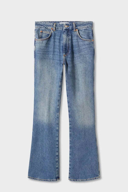 Mango dark vintage blue wide-leg jeans, front view, five-pocket styling