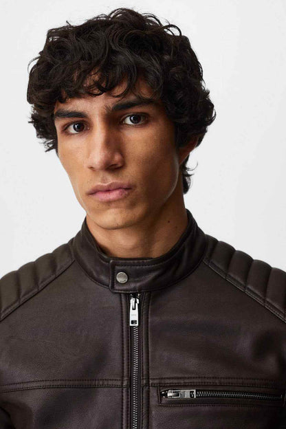 Men's cognac brown leather jacket close-up with stand collar and zip front