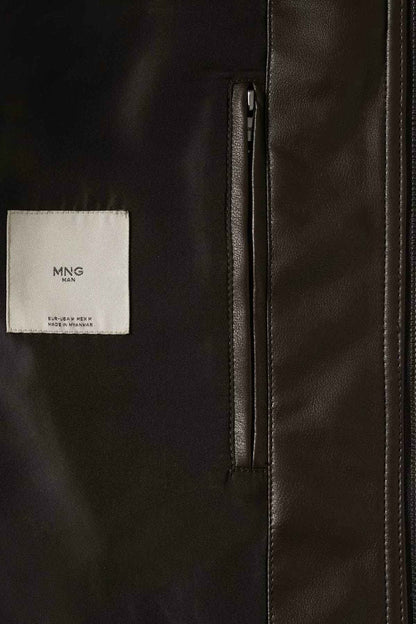 Cognac brown leather jacket care label and front zip hardware detail
