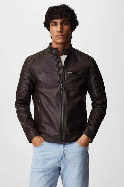 Men's cognac brown leather jacket with zip front, stand collar, and side pockets
