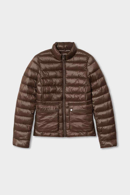 Brown quilted puffer jacket with stand collar, zip front, and chest pockets