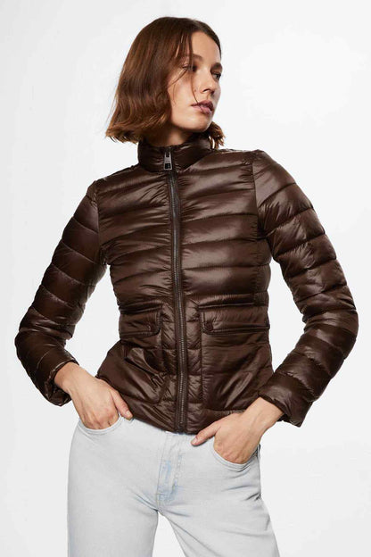 Brown quilted puffer jacket with stand collar and front zipper