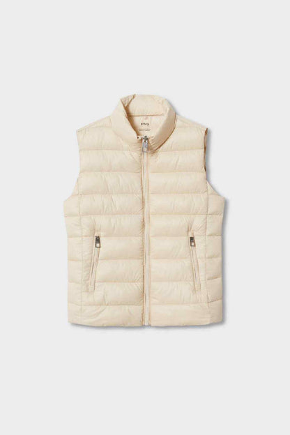 Ecru sleeveless quilted puffer vest with full front zip and side pockets