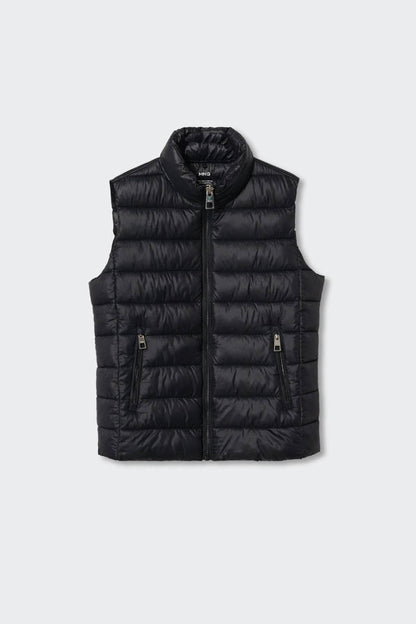 Black quilted sleeveless puffer vest with front zip and pockets