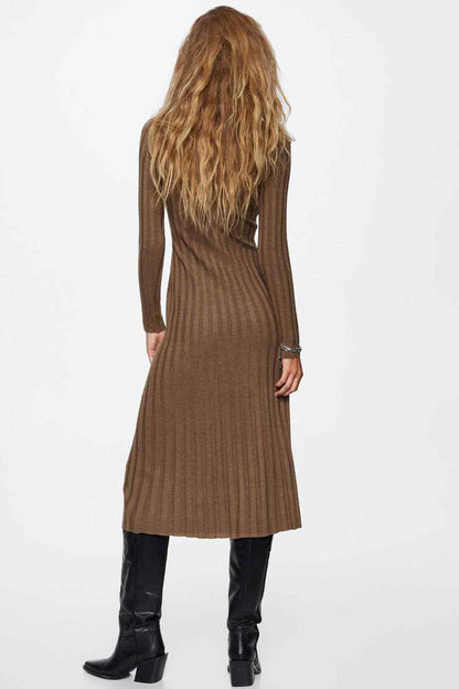 Caramel ribbed knit midi dress, back view with long sleeves and high neckline