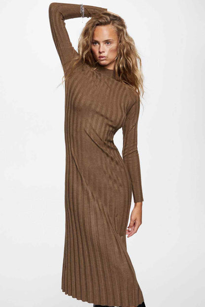 Caramel ribbed knit midi dress with long sleeves and high neckline