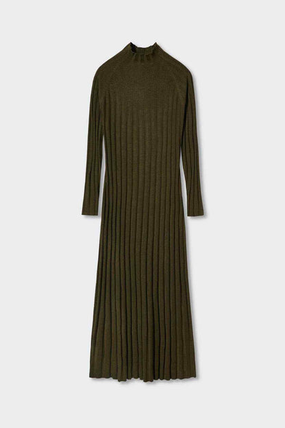 Khaki ribbed knit midi dress with mock neck and long sleeves