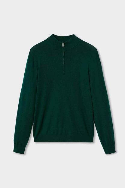 Dark green quarter-zip pullover sweater with ribbed mock neck and zipper