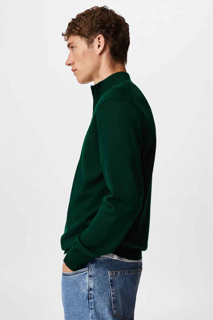 Dark green quarter-zip sweater side view with ribbed cuffs and hem