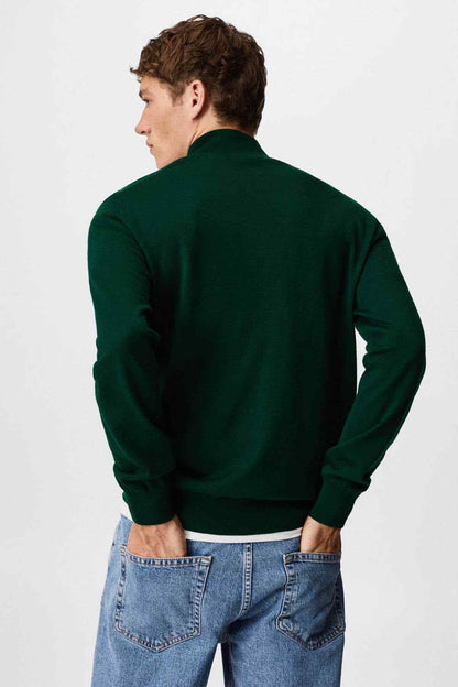 Dark green quarter-zip sweater shown from the back with ribbed cuffs and hem