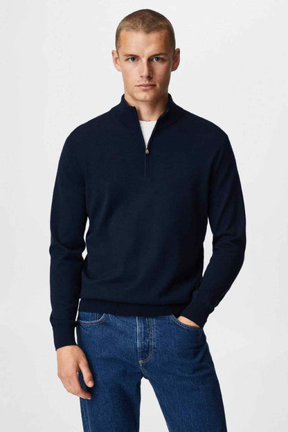 Men's navy quarter-zip sweater with stand collar