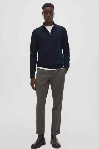 Men's navy quarter-zip sweater front view with stand collar
