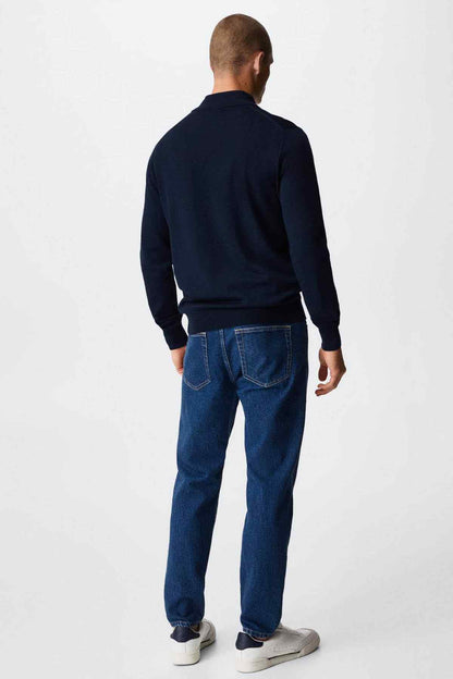 Back view of men's navy quarter-zip sweater with long sleeves