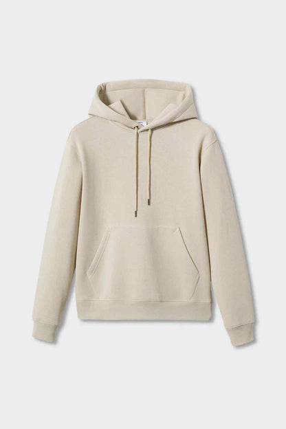 Ecru pullover hoodie laid flat view with drawstring hood and front pocket