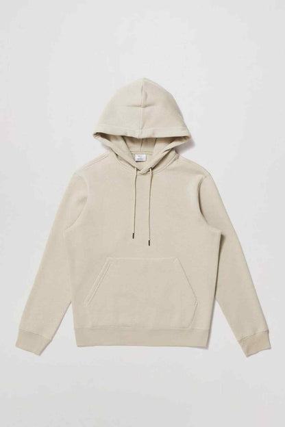 Ecru pullover hoodie front view with drawstring hood and kangaroo pocket