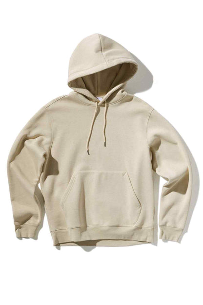 Ecru pullover hoodie back view with adjustable drawstring hood and pocket