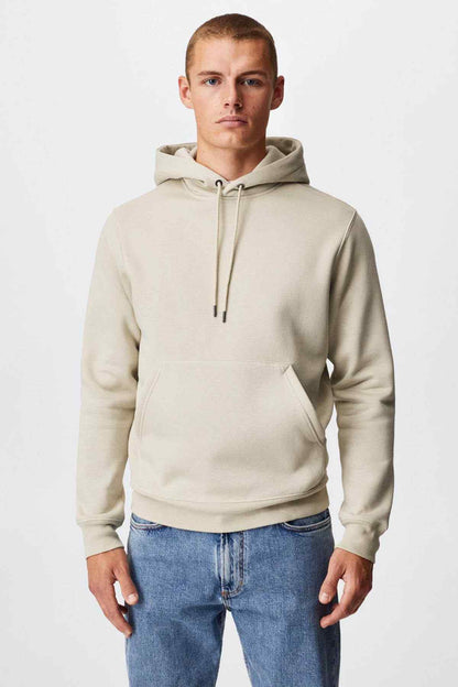 Ecru pullover hoodie with adjustable drawstring hood and front kangaroo pocket