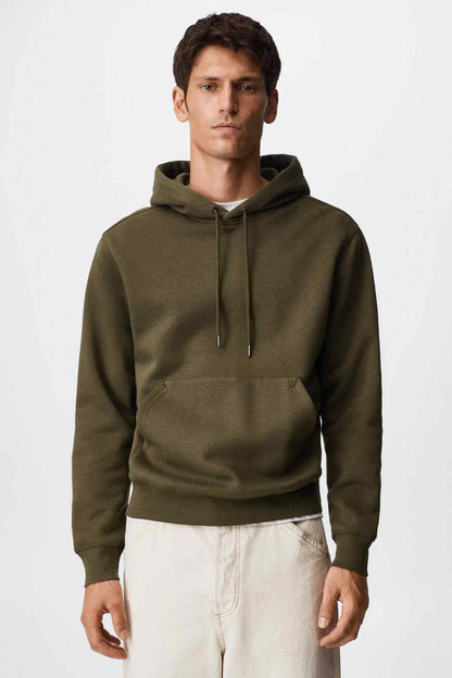 Khaki hoodie with drawstring hood and front kangaroo pocket, ribbed cuffs