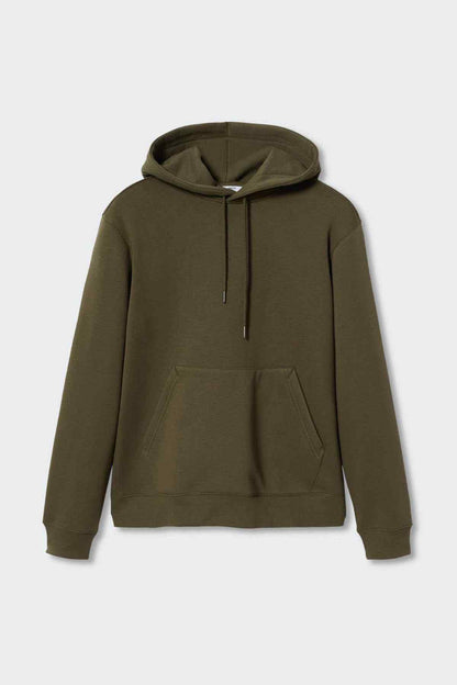 Khaki pullover hoodie flat lay with drawstring hood and front kangaroo pocket
