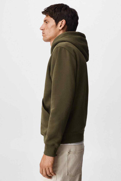 Khaki hoodie side view with drawstring hood and ribbed sleeve cuffs