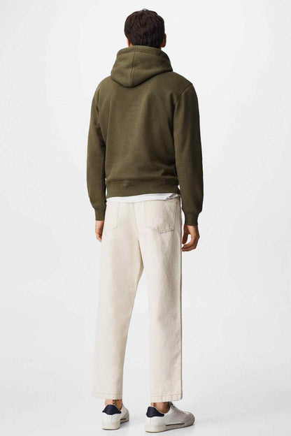 Khaki hoodie from the back with drawstring hood and ribbed hem and cuffs