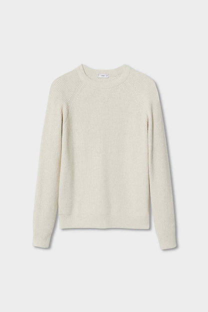 Ecru crewneck knit sweater with long sleeves, flat lay