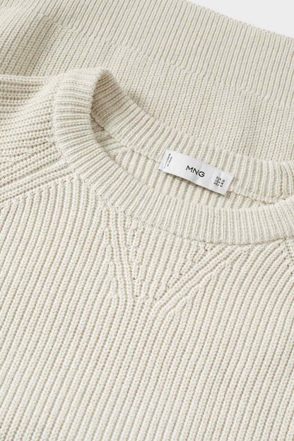 Ecru knit crewneck sweater neckline label detail