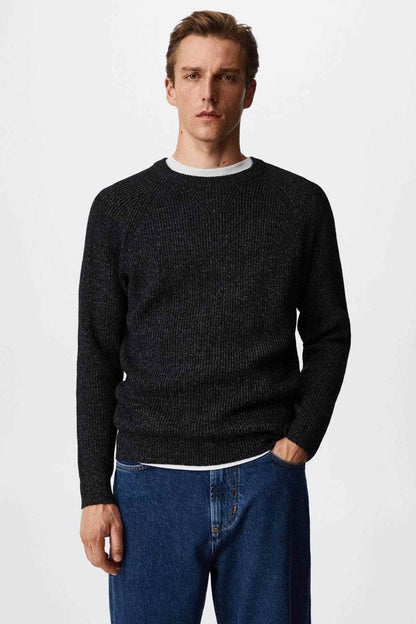 MANGO navy crew-neck knit sweater with ribbed cuffs and hem
