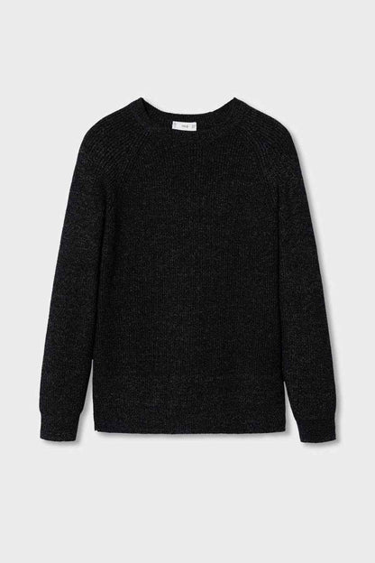 Navy crew-neck knit sweater, long sleeves, ribbed neckline and hem