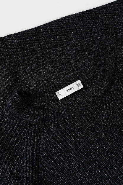 Navy knit sweater label at crew-neck with ribbed texture