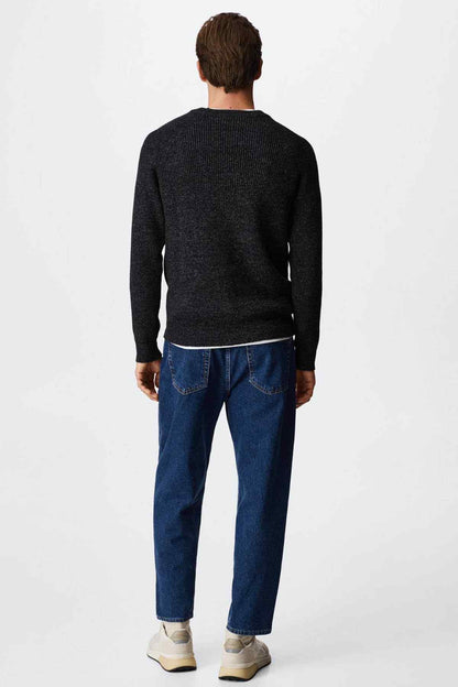 Navy crew-neck knit sweater, back view, ribbed hem and cuffs