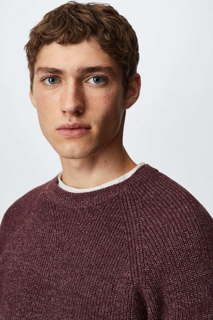Mango burgundy crewneck knit sweater with white ribbed collar peeking